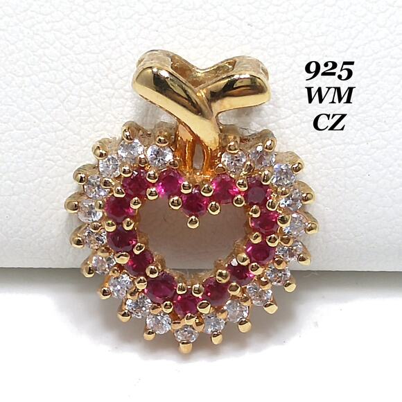 Sterling Silver 925 WM Heart Pendant Rubies & CZ Gold Plated Vintage Jewelry - Picture 1 of 10